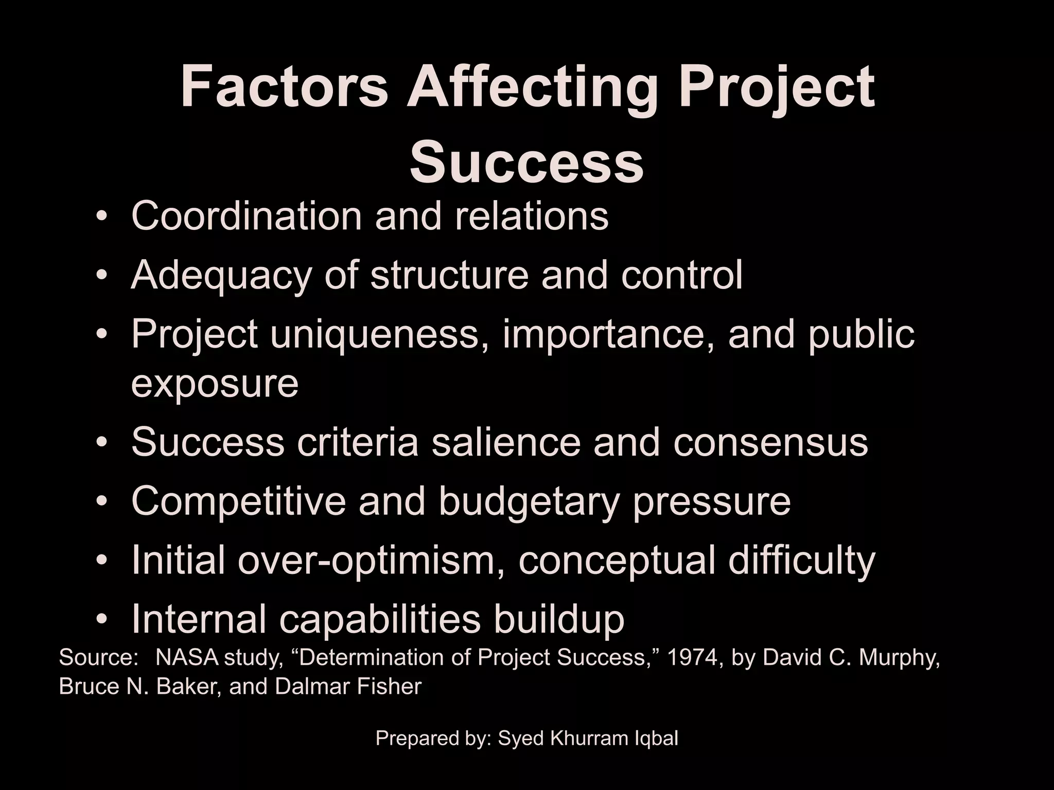 Factors Affecting Project
                   Success
   • Coordination and relations
   • Adequacy of structure and control
   • Project uniqueness, importance, and public
     exposure
   • Success criteria salience and consensus
   • Competitive and budgetary pressure
   • Initial over-optimism, conceptual difficulty
   • Internal capabilities buildup
Source: NASA study, ―Determination of Project Success,‖ 1974, by David C. Murphy,
Bruce N. Baker, and Dalmar Fisher

                             Prepared by: Syed Khurram Iqbal
 