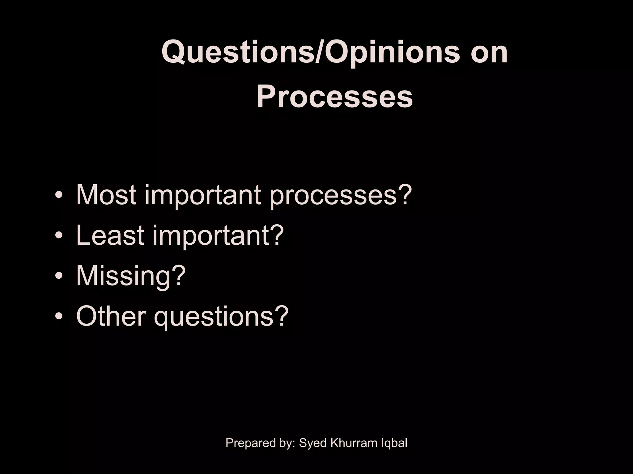 Questions/Opinions on
                Processes


•   Most important processes?
•   Least important?
•   Missing?
•   Other questions?



               Prepared by: Syed Khurram Iqbal
 