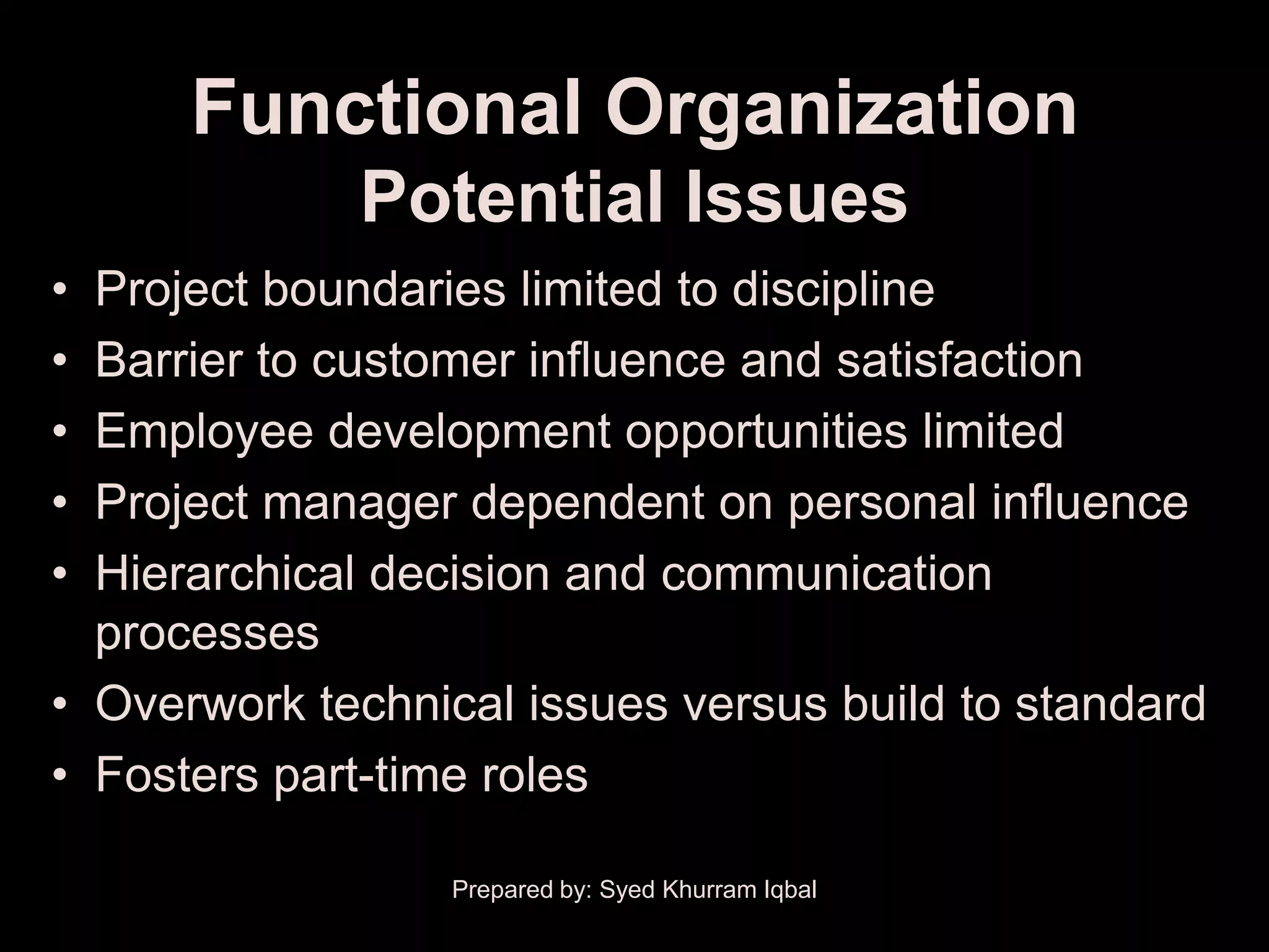 Functional Organization
             Potential Issues
• Project boundaries limited to discipline
• Barrier to customer influence and satisfaction
• Employee development opportunities limited
• Project manager dependent on personal influence
• Hierarchical decision and communication
  processes
• Overwork technical issues versus build to standard
• Fosters part-time roles

                  Prepared by: Syed Khurram Iqbal
 