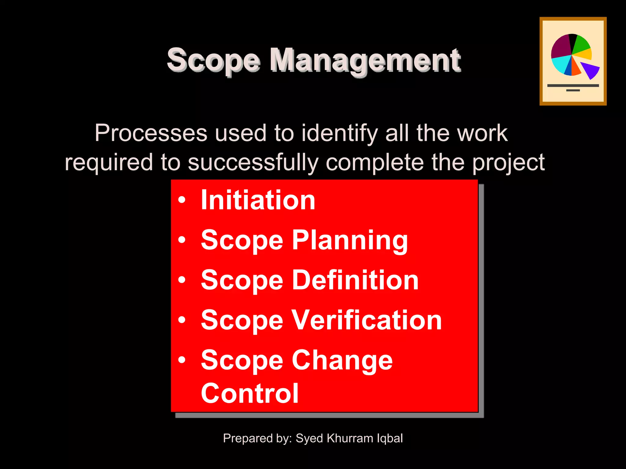 Scope Management

   Processes used to identify all the work
required to successfully complete the project
          •   Initiation
          •   Scope Planning
          •   Scope Definition
          •   Scope Verification
          •   Scope Change
              Control
               Prepared by: Syed Khurram Iqbal
 