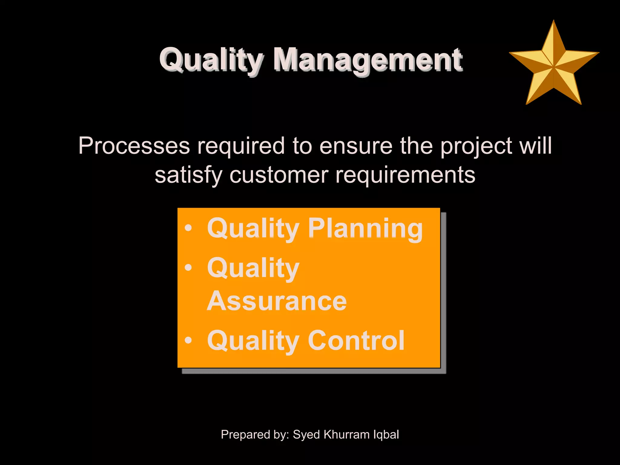 Quality Management

Processes required to ensure the project will
      satisfy customer requirements

         • Quality Planning
         • Quality
           Assurance
         • Quality Control


             Prepared by: Syed Khurram Iqbal
 