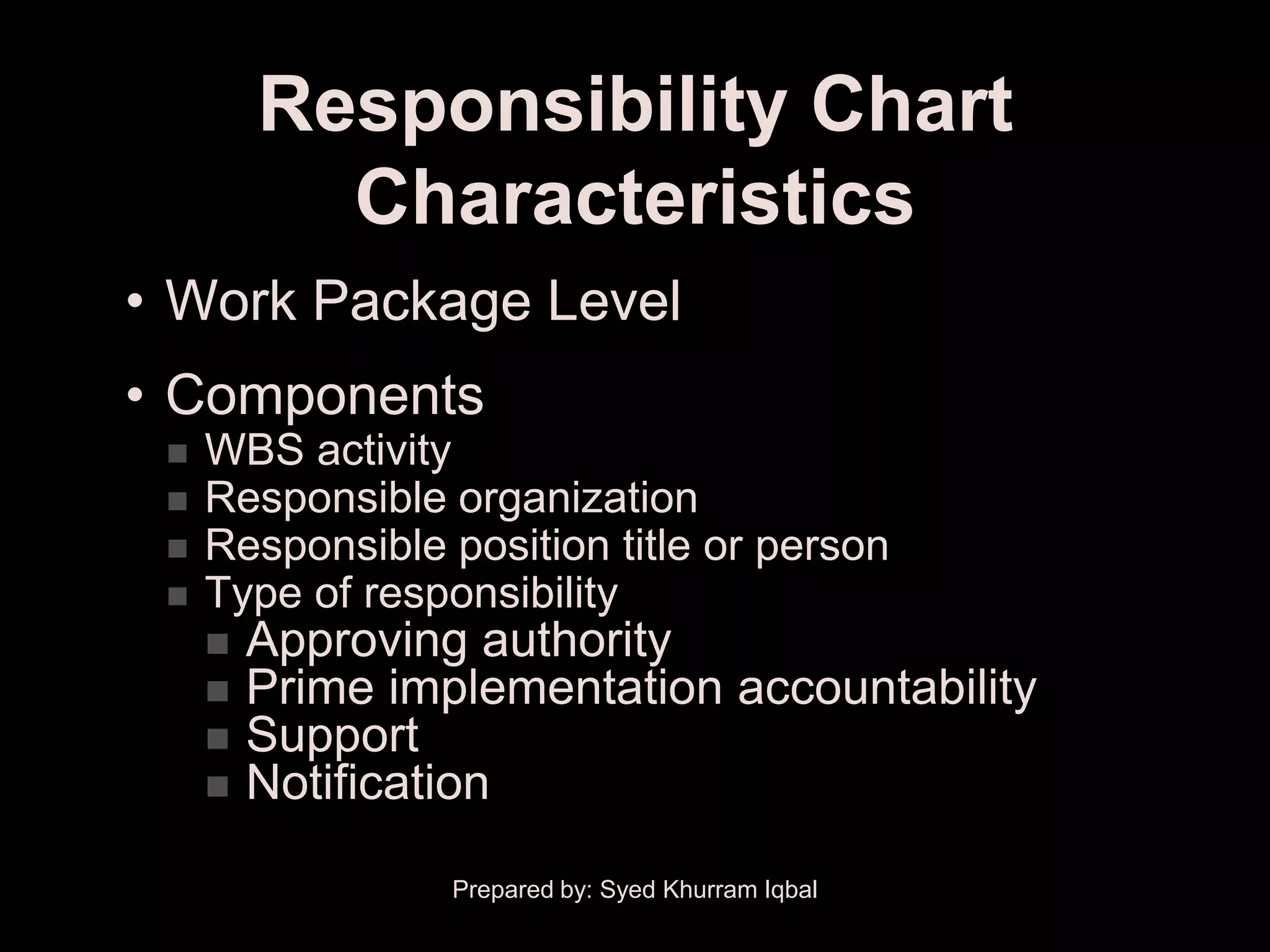 Responsibility Chart
           Characteristics
• Work Package Level
• Components
    WBS activity
    Responsible organization
    Responsible position title or person
    Type of responsibility
        Approving authority
        Prime implementation accountability
        Support
        Notification

                  Prepared by: Syed Khurram Iqbal
 