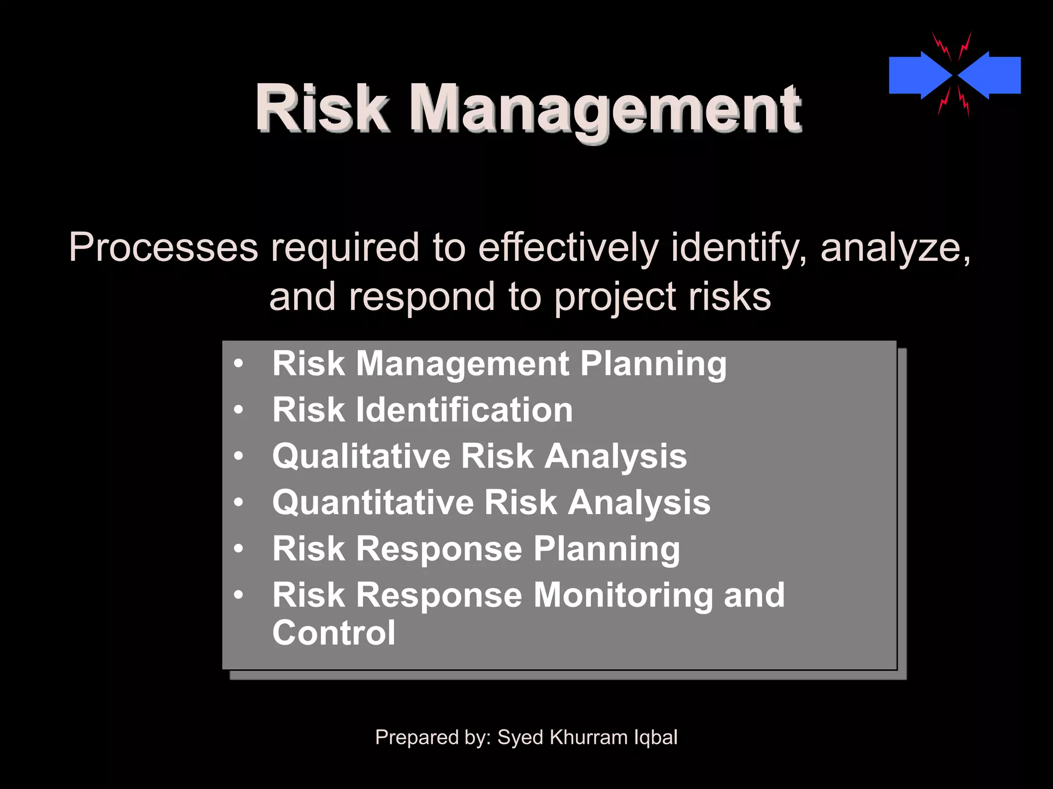 Risk Management

Processes required to effectively identify, analyze,
          and respond to project risks
         •   Risk Management Planning
         •   Risk Identification
         •   Qualitative Risk Analysis
         •   Quantitative Risk Analysis
         •   Risk Response Planning
         •   Risk Response Monitoring and
             Control

                  Prepared by: Syed Khurram Iqbal
 