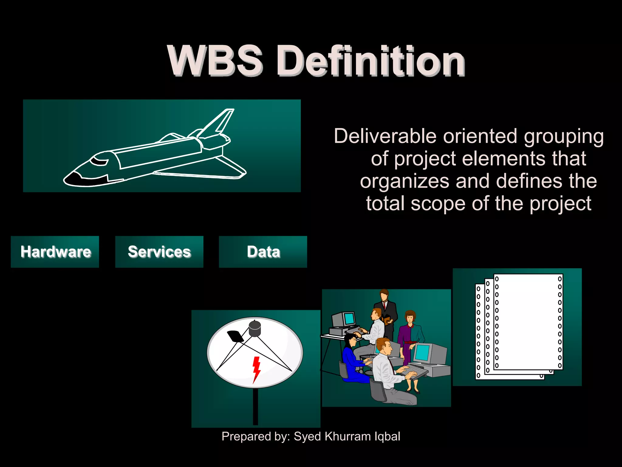 Scope Definition

                   WBS Definition
                                             Deliverable oriented grouping
                                                 of project elements that
                                               organizes and defines the
                                                total scope of the project

 Hardware      Services       Data




                          Prepared by: Syed Khurram Iqbal
 