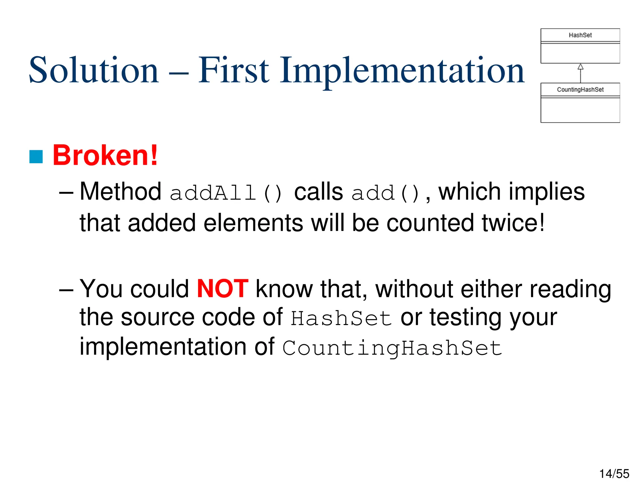 14/55
Solution – First Implementation
 Broken!
– Method addAll() calls add(), which implies
that added elements will be counted twice!
– You could NOT know that, without either reading
the source code of HashSet or testing your
implementation of CountingHashSet
 