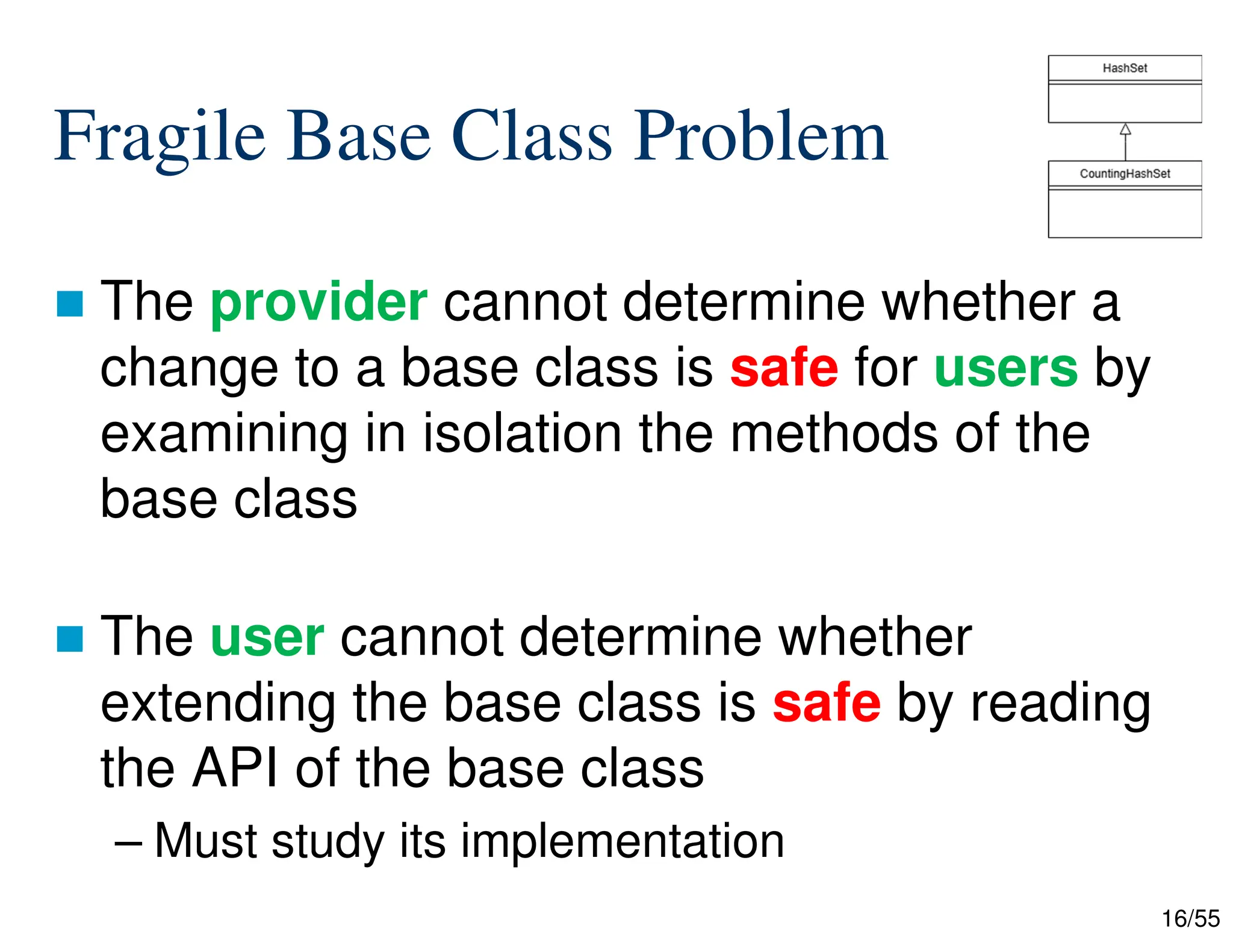 16/55
Fragile Base Class Problem
 The provider cannot determine whether a
change to a base class is safe for users by
examining in isolation the methods of the
base class
 The user cannot determine whether
extending the base class is safe by reading
the API of the base class
– Must study its implementation
 