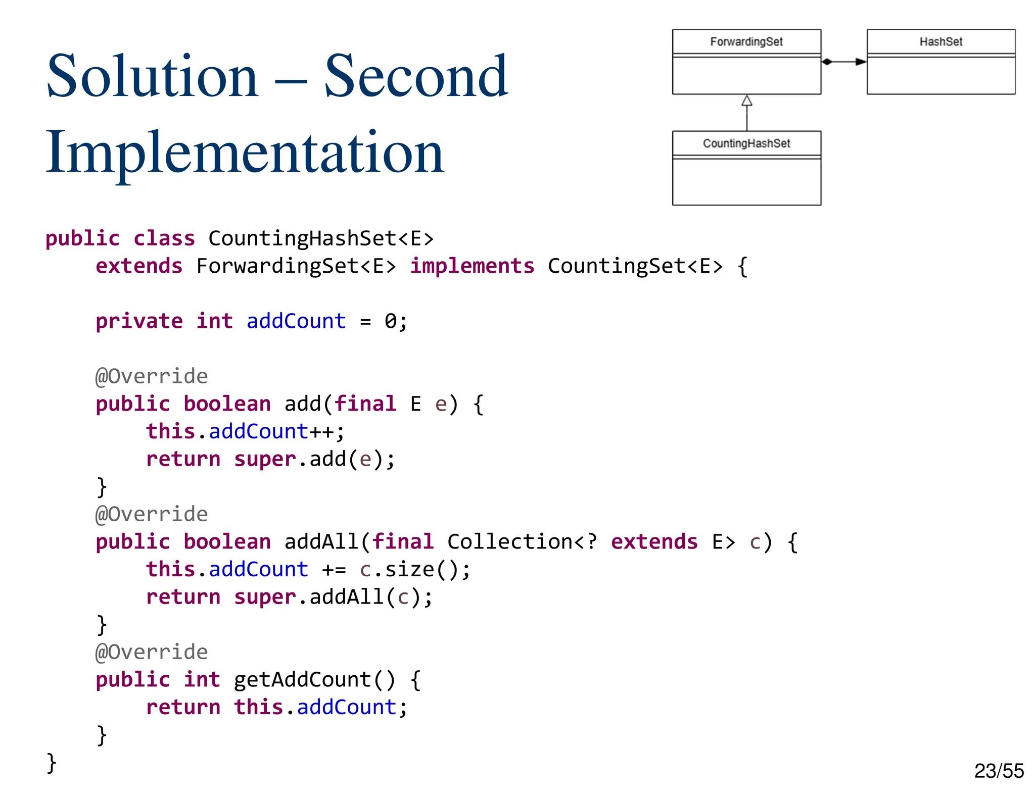 23/55
Solution – Second
Implementation
public class CountingHashSet<E>
extends ForwardingSet<E> implements CountingSet<E> {
private int addCount = 0;
@Override
public boolean add(final E e) {
this.addCount++;
return super.add(e);
}
@Override
public boolean addAll(final Collection<? extends E> c) {
this.addCount += c.size();
return super.addAll(c);
}
@Override
public int getAddCount() {
return this.addCount;
}
}
 