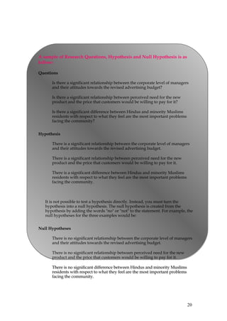 A sample of Research Questions, Hypothesis and Null Hypothesis is as
follow:

Questions

      Is there a significant relationship between the corporate level of managers
      and their attitudes towards the revised advertising budget?

      Is there a significant relationship between perceived need for the new
      product and the price that customers would be willing to pay for it?

      Is there a significant difference between Hindus and minority Muslims
      residents with respect to what they feel are the most important problems
      facing the community?


Hypothesis

      There is a significant relationship between the corporate level of managers
      and their attitudes towards the revised advertising budget.

      There is a significant relationship between perceived need for the new
      product and the price that customers would be willing to pay for it.

      There is a significant difference between Hindus and minority Muslims
      residents with respect to what they feel are the most important problems
      facing the community.



   It is not possible to test a hypothesis directly. Instead, you must turn the
   hypothesis into a null hypothesis. The null hypothesis is created from the
   hypothesis by adding the words "no" or "not" to the statement. For example, the
   null hypotheses for the three examples would be:


Null Hypotheses

      There is no significant relationship between the corporate level of managers
      and their attitudes towards the revised advertising budget.

      There is no significant relationship between perceived need for the new
      product and the price that customers would be willing to pay for it.

      There is no significant difference between Hindus and minority Muslims
      residents with respect to what they feel are the most important problems
      facing the community.




                                                                                 20
 