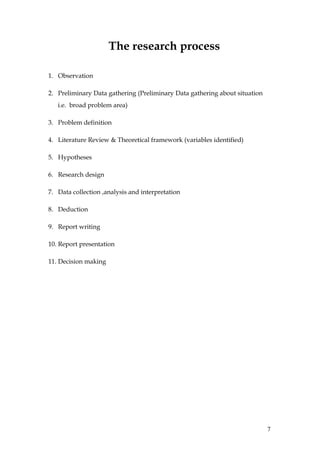 The research process

1. Observation

2. Preliminary Data gathering (Preliminary Data gathering about situation
   i.e. broad problem area)

3. Problem definition

4. Literature Review & Theoretical framework (variables identified)

5. Hypotheses

6. Research design

7. Data collection ,analysis and interpretation

8. Deduction

9. Report writing

10. Report presentation

11. Decision making




                                                                            7
 