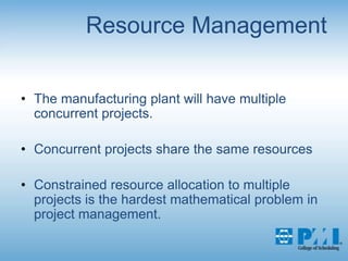 Resource ManagementThe manufacturing plant will have multiple concurrent projects.Concurrent projects share the same resourcesConstrained resource allocation to multiple projects is the hardest mathematical problem in project management.