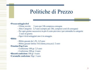 Politiche di Prezzo
•Prezzo noleggio dvd
         - Ultime novità: 3 euro per 24h compresa consegna
         - Altre Categorie: 2,5 euro (sempre per 24h, compresi costi di consegna)
         - Per ogni giorno successivo in più il costo previsto è per entrambe le categorie
           2 euro al giorno.
         - Ogni 4 dvd noleggiati uno è in omaggio.
•Bibite
         - Bibite gassate da 1,5L: 4,5 euro
         - Bibite gassate lattina 33cl (fanta,coca,ecc): 2 euro
•Patatine/Pop Corn
         - Confezione 100 gr: 2,5 euro
         - Confezione 200 gr: 4 euro
•Biscotti confezione 100 gr: 4 euro
•Caramelle confezione 30gr: 3 euro




                                                                                             5
 
