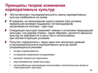Принципы теории изменения 
корпоративных культур 
«Естественная» последовательность смены корпоративных 
культур изображена на схеме 
В среднем, на прохождение одного уровня (при условии 
правильной волевой поддержки топ-менеджеров) 
затрачивается полтора – два года 
Следующая культура сохраняет навыки и установки предыдущей 
культуры «на заднем плане», таким образом, ценности прошлых 
культур не забываются и могут быть использованы 
при соответствующих условиях 
Попытка «перескочить» через один или несколько уровней 
в последовательности корпоративных культур может 
сопровождаться рисками 
 потери управляемости, 
 отторжения изменений сотрудниками, 
 высокой текучестью персонала, 
 неустойчивостью новой культуры, 
 неспособностью организации использовать положительные аспекты 
«пропущенной» культуры 
20 
 