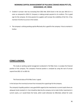 WORKING CAPITAL MANAGEMENTOF PULLMAC CRANES INDIA PVTLTD,
GHAZIABAD, UP, INDIA
96
 Creditor’s turnover ratio has increasing from 2013-14to 2014-15and in the last year 2015-16 it is
same as compared to 2014-15. Company is making prompt payment to its creditors. This is good
sign for the company. On-time payment to suppliers will increase the credibility of the firm. It has
maintainitfurthertosurvive inthe market.
 The company is utilizing working capital effectively this is good for the company. It has to maintainit
further.
CONCLUSIONS.
The study on working capital management conducted in Pull Mac Crane. to analyze the financial
position of the company. The company’s financial position is analyzed by using the tool of annual
reportsfrom2011-12 to 2015-16.
The financial statusof Pull Mac Crane.is good.
In the lastyear the inventoryturnoverhas increased,thisisgoodsignforthe company.
The company’s liquidity position is very good With regard to the investments in current assets there are
adequate funds invested in it. Care should be taken by the company not to make further investments in
current assets, as it would block the funds, which could otherwise be effectively utilized for some
 
