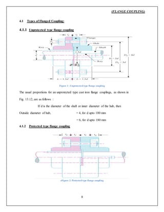 (FLANGE COUPLING)
8
4.1 Types of Flanged Coupling:
4.1.1 Unprotected type flange coupling
Figure 1 : Unprotected type flange coupling
The usual proportions for an unprotected type cast iron flange couplings, as shown in
Fig. 13.12, are as follows :
If d is the diameter of the shaft or inner diameter of the hub, then
Outside diameter of hub, = 4, for d upto 100 mm
= 6, for d upto 180 mm
4.1.2 Protected type flange coupling
sFigure 2: Protected type flange coupling
 