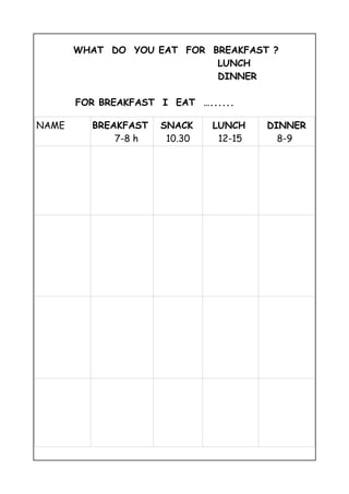 WHAT DO YOU EAT FOR BREAKFAST ?
LUNCH
DINNER
FOR BREAKFAST I EAT …......
NAME BREAKFAST
7-8 h
SNACK
10.30
LUNCH
12-15
DINNER
8-9
 