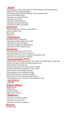 Saipem–
. Steel structures works & pipe racks for Vinking Barge in Alex (abokier port)
. Fabrication of sea fastening grillage
. Sea fasting grillage offshore (Bourbon) in Alex (abokier port)
. Fabrication of lifting frame.
. Fabrication of antenna platform.
. Fabrication of A frame.
. Fabrication of ROV platform.
. Fabrication of floating buoyancy.
. Fabrication of basket &container
BP EGYPT-
.Cargo carrying units 250 pieces equal 400 ton
.Container &drum rack
.Water tank
.Basket 40 ft
Schlumberger-
.Overhead crane to testing area
. Fabrication of drum cables & tools skid
. Fabrication of off shore baskets
. Fabrication of Banker box&onan frame
. Fabrication of Dst container & mdt
Transocean-
. Fabrication 50 pieces of various CCU.
. Personnel baskets and various containers
. Fabrication of various sizes of oxygen and acetylene racks
. Fabrication of drum baskets containers
(P&G)Procter&Gambly-
pipetputou&inputand install3
200mbaseV-Rstorage tanksteel ss304Stainless.
Isolation the tank and pipe and install pump &valves
. Steel structure for backing area
. Structure integrity for tower steel structure retrofits
. Stainless steel ss304 storage tank r-v base 150m3
. Steel structure for duct burner platform
. Steel structure for new building cornflake
.install for HVAC duct system for cornflake
. Install pipe line 316L and install pump &valves
. Steel structure for new compressor room &transfer room
MI SWACO-
. Toti tank
Damien Offshoer-
.spreader beam
.Lifting frame
.container &basket
.engine room container
Halliburton-
. Fabrication of offshore baskets
. Fabrication of cement tank
. Fabrication of open top container
Orascom
Spreader beam
 