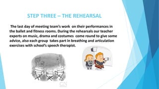 STEP THREE – THE REHEARSAL
The last day of meeting team’s work on their performances in
the ballet and fitness rooms. During the rehearsals our teacher
experts on music, drama and costumes come round to give some
advice, also each group takes part in breathing and articulation
exercises with school’s speech therapist.
 