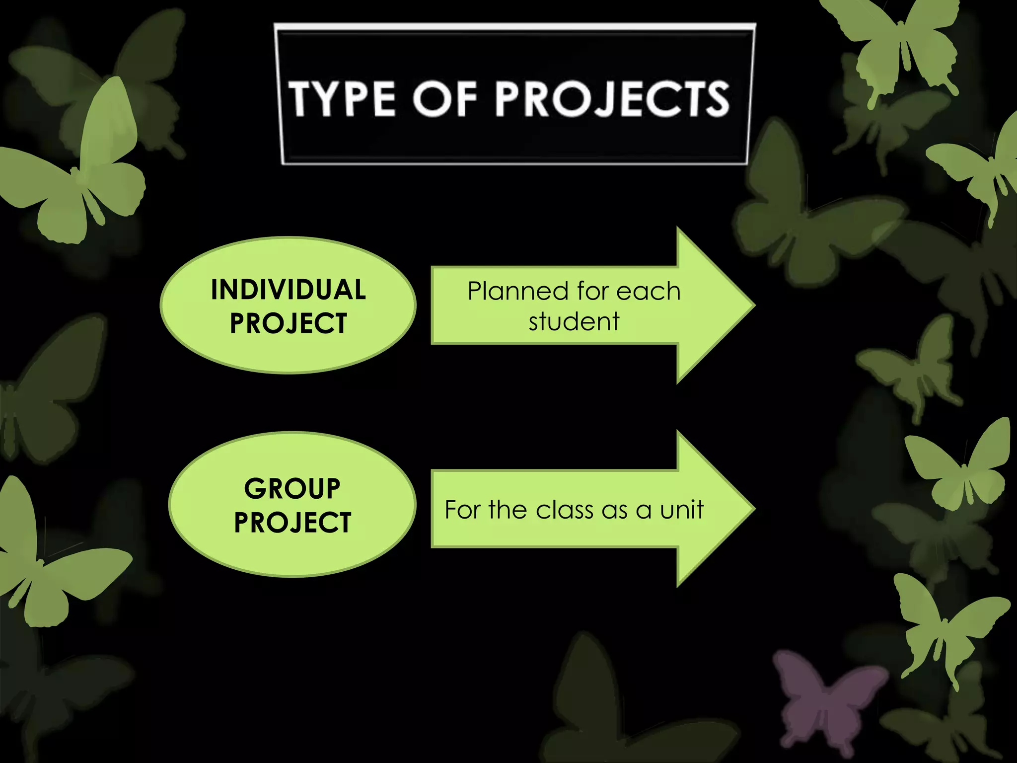 INDIVIDUAL
PROJECT

Planned for each
student

GROUP
PROJECT

For the class as a unit

 