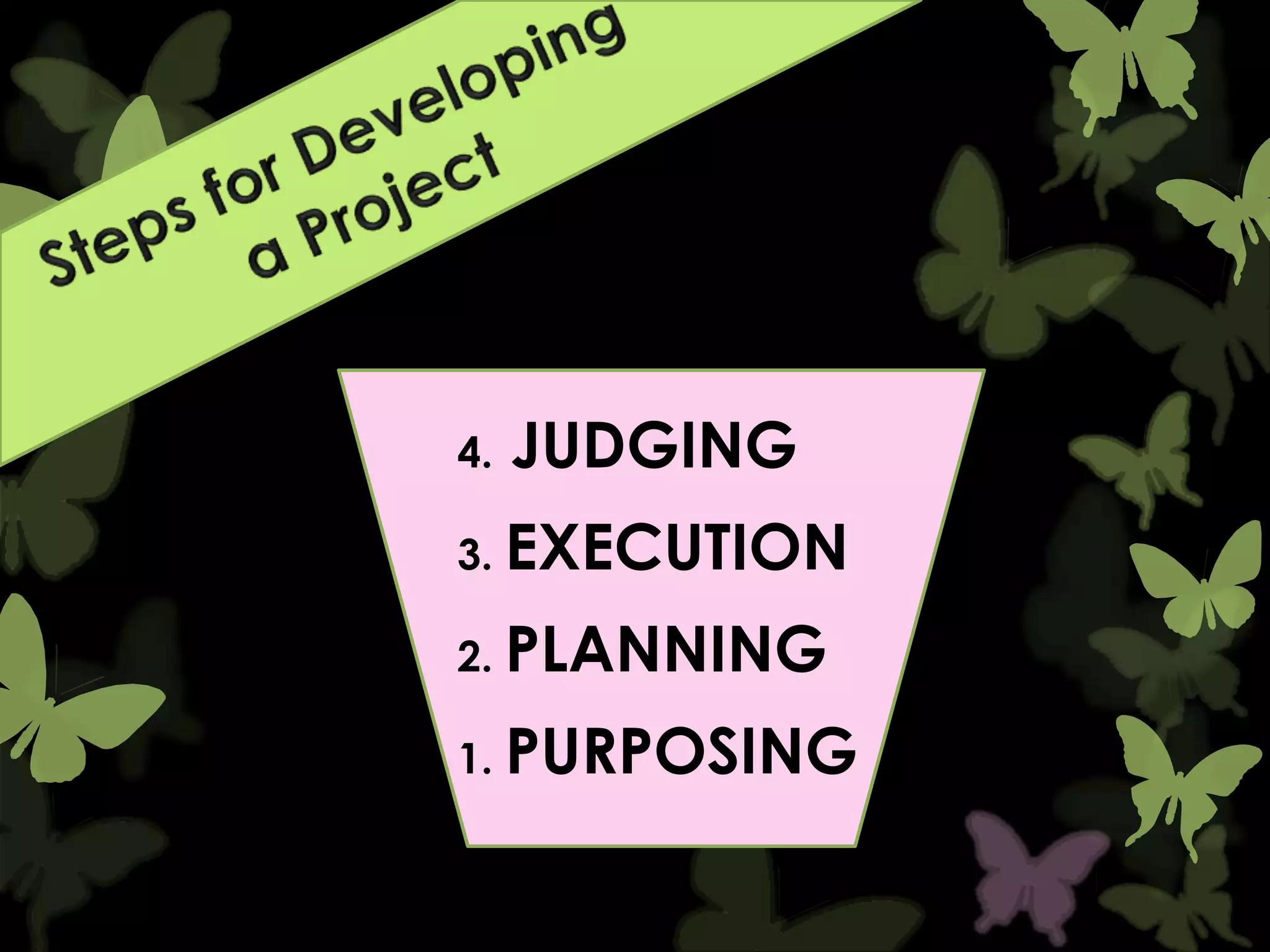 4.

JUDGING

3. EXECUTION
2. PLANNING
1. PURPOSING

 