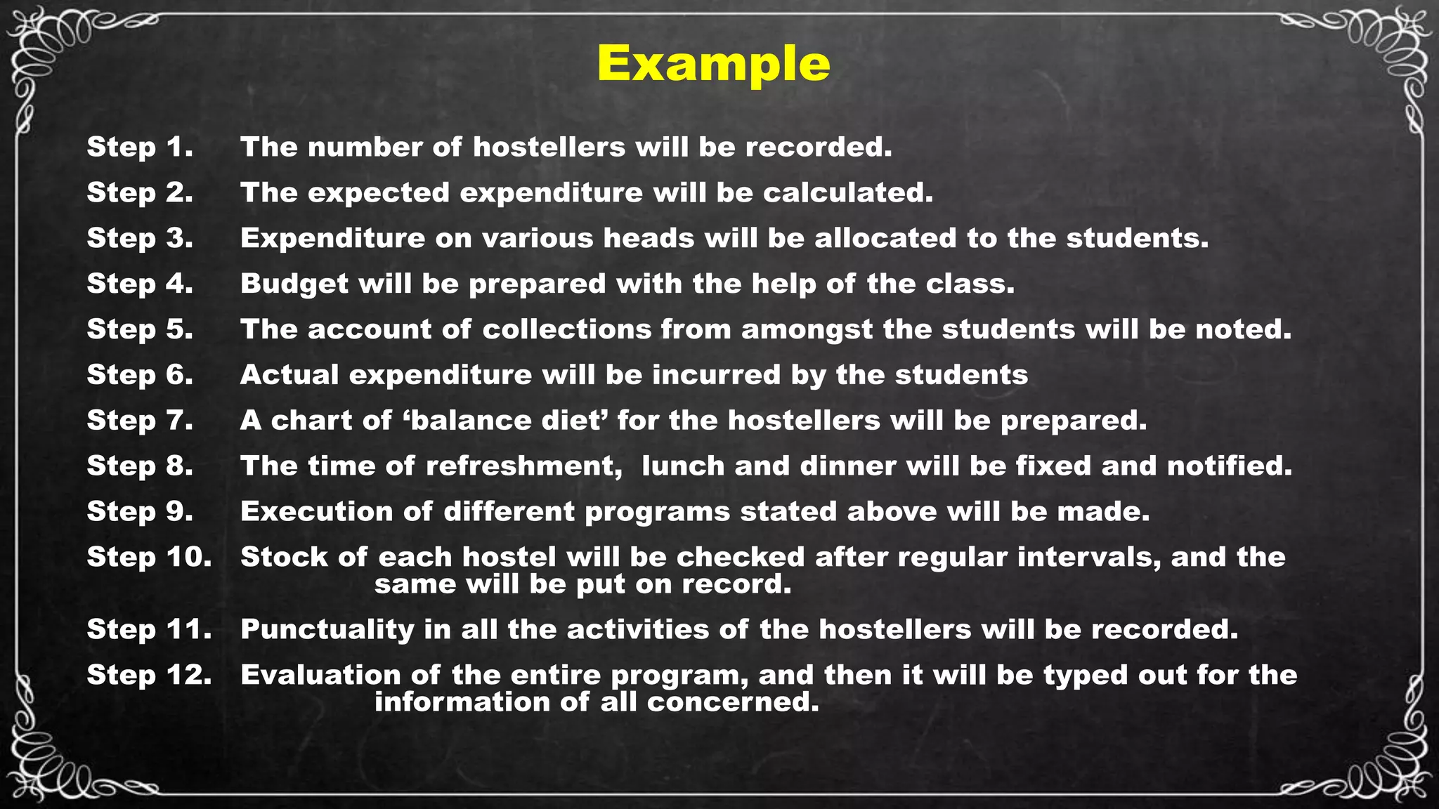 Example
Step 1. The number of hostellers will be recorded.
Step 2. The expected expenditure will be calculated.
Step 3. Expenditure on various heads will be allocated to the students.
Step 4. Budget will be prepared with the help of the class.
Step 5. The account of collections from amongst the students will be noted.
Step 6. Actual expenditure will be incurred by the students
Step 7. A chart of ‘balance diet’ for the hostellers will be prepared.
Step 8. The time of refreshment, lunch and dinner will be fixed and notified.
Step 9. Execution of different programs stated above will be made.
Step 10. Stock of each hostel will be checked after regular intervals, and the
same will be put on record.
Step 11. Punctuality in all the activities of the hostellers will be recorded.
Step 12. Evaluation of the entire program, and then it will be typed out for the
information of all concerned.
 