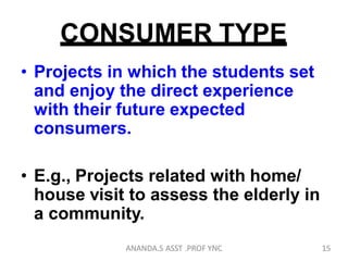 CONSUMER TYPE
• Projects in which the students set
and enjoy the direct experience
with their future expected
consumers.
• E.g., Projects related with home/
house visit to assess the elderly in
a community.
15ANANDA.S ASST .PROF YNC
 