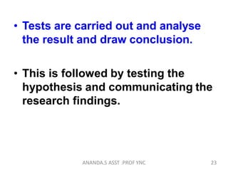 • Tests are carried out and analyse
the result and draw conclusion.
• This is followed by testing the
hypothesis and communicating the
research findings.
23ANANDA.S ASST .PROF YNC
 