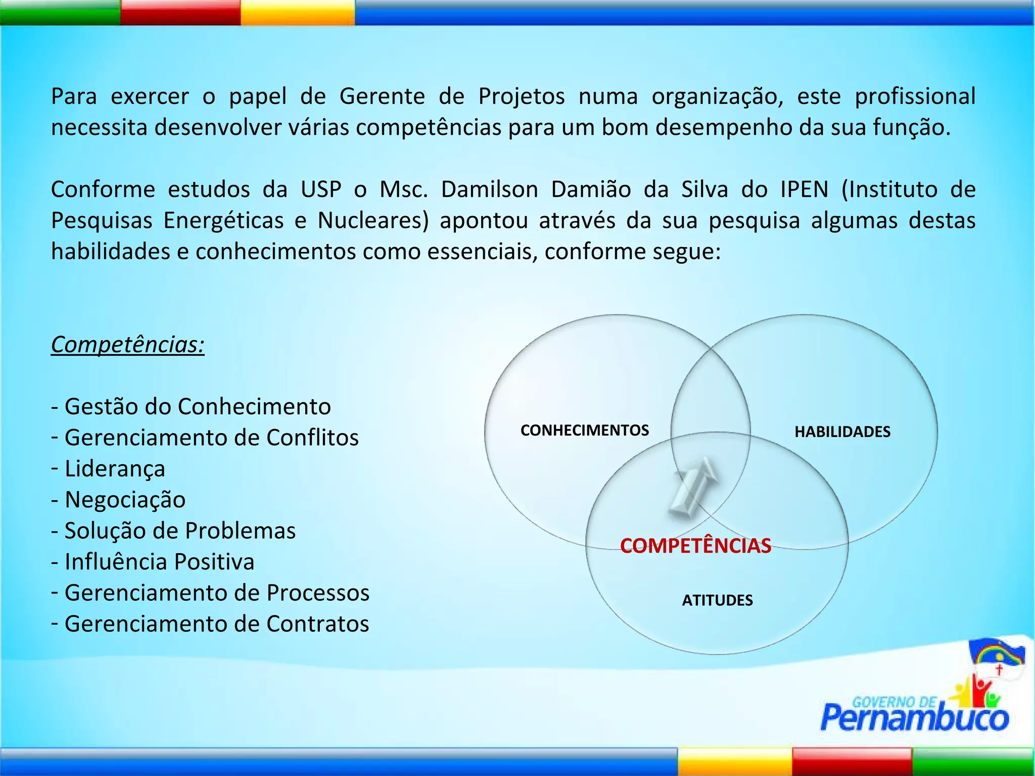 Para exercer o papel de Gerente de Projetos numa organização, este profissional necessita desenvolver várias competências para um bom desempenho da sua função. Conforme estudos da USP o Msc. Damilson Damião da Silva do IPEN (Instituto de Pesquisas Energéticas e Nucleares) apontou através da sua pesquisa algumas destas habilidades e conhecimentos como essenciais, conforme segue: Competências: - Gestão do Conhecimento Gerenciamento de Conflitos Liderança - Negociação - Solução de Problemas - Influência Positiva Gerenciamento de Processos Gerenciamento de Contratos CONHECIMENTOS HABILIDADES ATITUDES COMPETÊNCIAS 