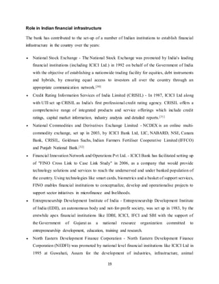 19
Role in Indian financial infrastructure
The bank has contributed to the set-up of a number of Indian institutions to establish financial
infrastructure in the country over the years:
 National Stock Exchange - The National Stock Exchange was promoted by India's leading
financial institutions (including ICICI Ltd.) in 1992 on behalf of the Government of India
with the objective of establishing a nationwide trading facility for equities, debt instruments
and hybrids, by ensuring equal access to investors all over the country through an
appropriate communication network.[30]
 Credit Rating Information Services of India Limited (CRISIL) - In 1987, ICICI Ltd along
with UTI set up CRISIL as India's first professional credit rating agency. CRISIL offers a
comprehensive range of integrated products and service offerings which include credit
ratings, capital market information, industry analysis and detailed reports.[31]
 National Commodities and Derivatives Exchange Limited - NCDEX is an online multi-
commodity exchange, set up in 2003, by ICICI Bank Ltd, LIC, NABARD, NSE, Canara
Bank, CRISIL, Goldman Sachs, Indian Farmers Fertiliser Cooperative Limited (IFFCO)
and Punjab National Bank.[32]
 Financial Innovation Network and Operations Pvt Ltd. - ICICI Bank has facilitated setting up
of "FINO Cross Link to Case Link Study" in 2006, as a company that would provide
technology solutions and services to reach the underserved and under banked population of
the country. Using technologies like smart cards, biometrics and a basket of support services,
FINO enables financial institutions to conceptualize, develop and operationalise projects to
support sector initiatives in microfinance and livelihoods.
 Entrepreneurship Development Institute of India - Entrepreneurship Development Institute
of India (EDII), an autonomous body and not-for-profit society, was set up in 1983, by the
erstwhile apex financial institutions like IDBI, ICICI, IFCI and SBI with the support of
the Government of Gujarat as a national resource organization committed to
entrepreneurship development, education, training and research.
 North Eastern Development Finance Corporation - North Eastern Development Finance
Corporation (NEDFI) was promoted by national level financial institutions like ICICI Ltd in
1995 at Guwahati, Assam for the development of industries, infrastructure, animal
 