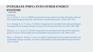 INTEGRATE PMFCs INTO OTHER ENERGY
SYSTEMS
Citations:
Liu, X., Zhao, Y., & Li, Y. (2009). Integration of microbial fuel cells with solar cells for
increased energy production. Biosensors and Bioelectronics, 25(2), 487-491.
Li, Z., Zhang, X., Li, Y., & Liu, X. (2013). Integration of microbial fuel cells and lithium-
ion batteries for energy storage. Energy & Environmental Science, 6(3), 783-788.
Zhang, Y., Li, Y., & Liu, X. (2018). Integration of microbial fuel cells with traditional
grids: A review. Renewable and Sustainable Energy Reviews, 84, 1489-1497.
Zhou, J., Zhang, X., Zhang, Y., & Liu, X. (2021). Integration of microbial fuel cells into
renewable energy systems: A review. Renewable and Sustainable Energy Reviews,
136, 111041.
 