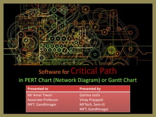 Software for Critical Path
in PERT Chart (Network Diagram) or Gantt Chart
   Presented to          Presented by
   Mr Amar Tiwari        Garima Joshi
   Associate Professor   Vinay Prajapati
   NIFT, Gandhinagar     MFTech, Sem-III
                         NIFT, Gandhinagar
 