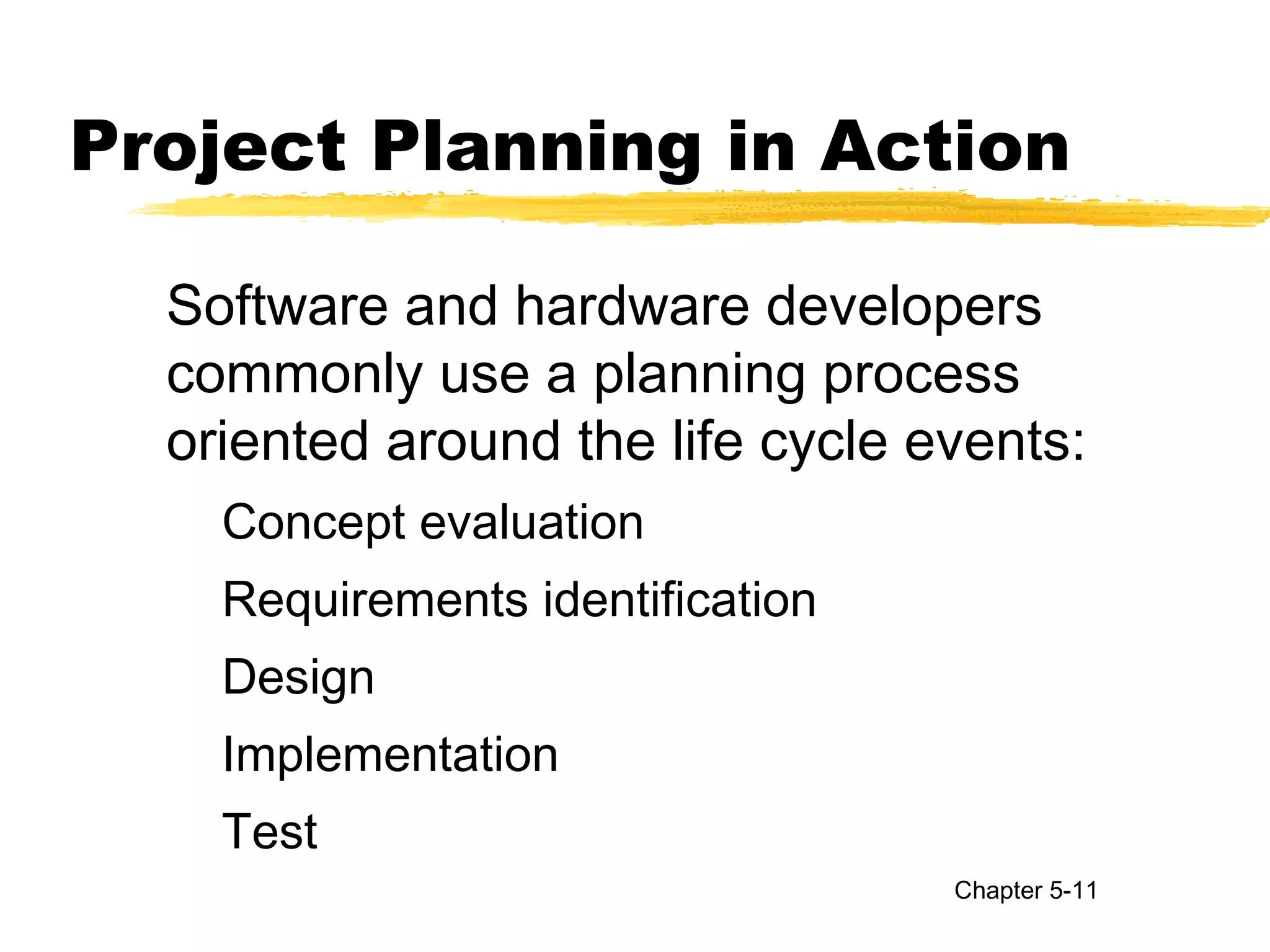 Project Planning in Action
Software and hardware developers
commonly use a planning process
oriented around the life cycle events:
Concept evaluation
Requirements identification
Design
Implementation
Test
Chapter 5-11
 