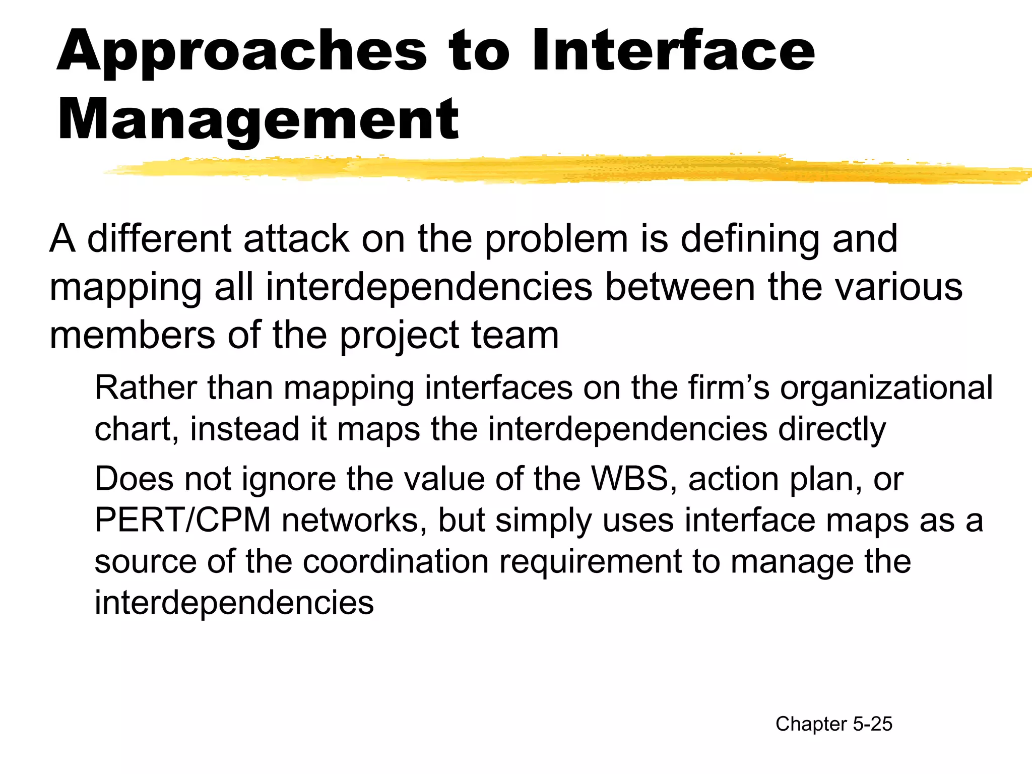 Approaches to Interface
Management
A different attack on the problem is defining and
mapping all interdependencies between the various
members of the project team
Rather than mapping interfaces on the firm’s organizational
chart, instead it maps the interdependencies directly
Does not ignore the value of the WBS, action plan, or
PERT/CPM networks, but simply uses interface maps as a
source of the coordination requirement to manage the
interdependencies
Chapter 5-25
 