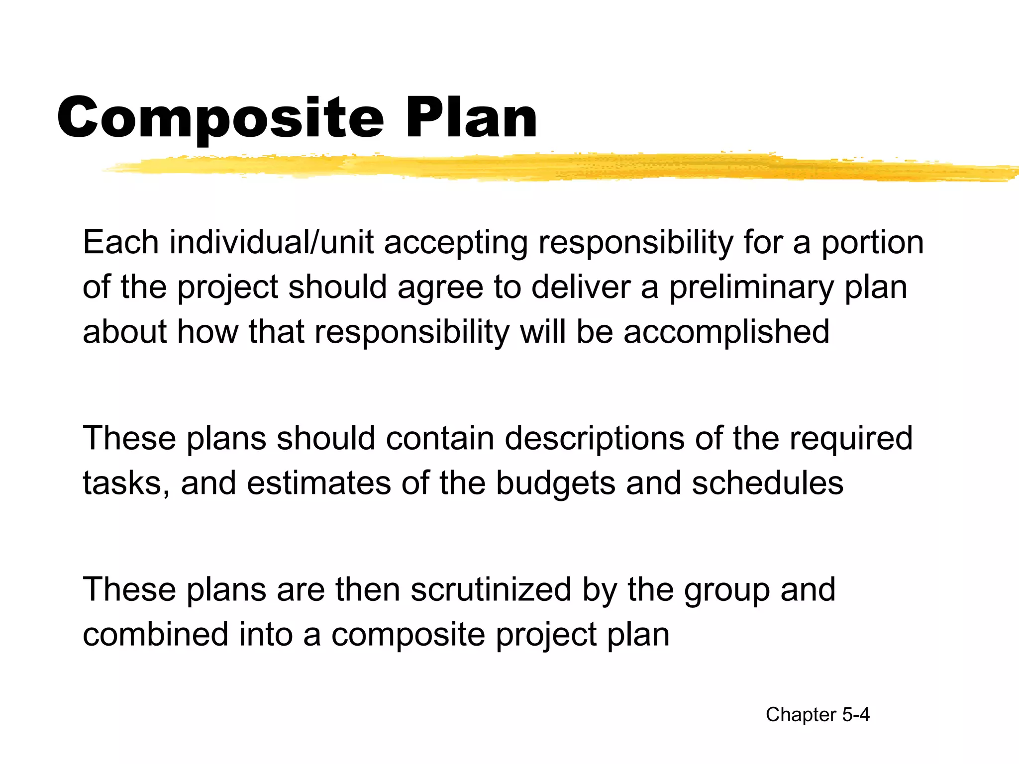 Composite Plan
Each individual/unit accepting responsibility for a portion
of the project should agree to deliver a preliminary plan
about how that responsibility will be accomplished
These plans should contain descriptions of the required
tasks, and estimates of the budgets and schedules
These plans are then scrutinized by the group and
combined into a composite project plan
Chapter 5-4
 
