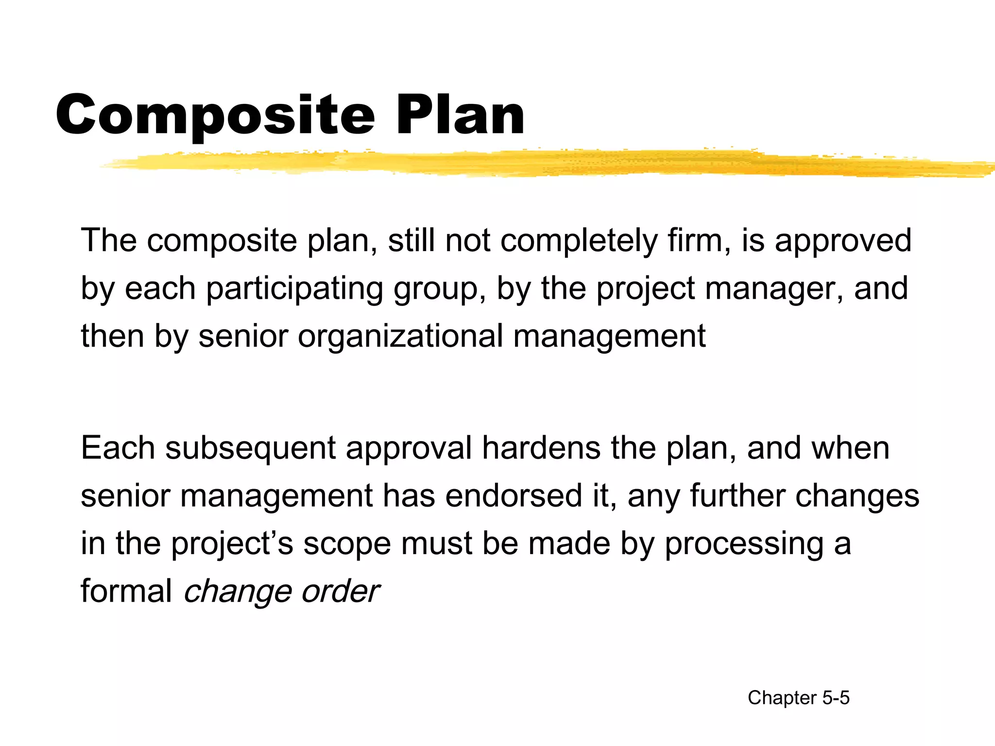 Composite Plan
The composite plan, still not completely firm, is approved
by each participating group, by the project manager, and
then by senior organizational management
Each subsequent approval hardens the plan, and when
senior management has endorsed it, any further changes
in the project’s scope must be made by processing a
formal change order
Chapter 5-5
 