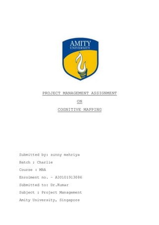 PROJECT MANAGEMENT ASSIGNMENT
ON
COGNITIVE MAPPING
Submitted by: sunny mehriya
Batch : Charlie
Course : MBA
Enrolment no. – A30101913086
Submitted to: Dr.Kumar
Subject : Project Management
Amity University, Singapore
 