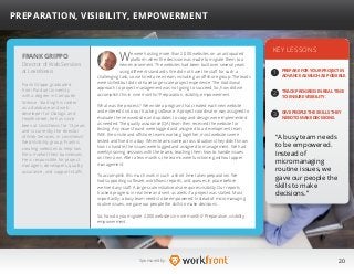 20Sponsored by:
We were hosting more than 2,000 websites on an antiquated
platform when the decision was made to migrate them to a
new environment. The websites had been built over several years
using different standards. We did not have the staff for such a
challenging task, so we hired a new team, including an offshore group. The leads
were skilled but did not have large-scale project experience. The traditional
approach to project management was not going to succeed. So, how did we
accomplish this in nine months? Preparation, visibility, empowerment.
What was the process? We wrote a program that created each new website
and entered it into our tracking software. A project coordinator was assigned to
evaluate the new website, and updates to copy and design were implemented
as needed. The quality assurance (QA) team then received the website for
testing. Any issues found were logged and assigned to a development team.
With the onsite and offshore teams working together, most websites were
tested and fixed in a day. When teams came across situations they didn’t know
how to handle, the issues were logged and assigned to management. We had
weekly training sessions with the teams, teaching them how to handle issues
on their own. After a few months, the teams were functioning without upper
management.
To accomplish this much work in such a short time takes preparation. We
had supporting software, workflows, reports, and queues in place before
we hired any staff. A large-scale initiative also requires visibility. Our reports
tracked progress in real time and sent us alerts if a project was stalled. Most
importantly, a busy team needs to be empowered. Instead of micromanaging
routine issues, we gave our people the skills to make decisions.
So, how do you migrate 2,000 websites in nine months? Preparation, visibility,
empowerment.
KEY LESSONS
1
2
3
PREPARE FOR YOUR PROJECT IN
ADVANCE AS MUCH AS POSSIBLE.
TRACK PROGRESS IN REAL TIME
TO ENSURE VISIBILITY.
GIVE PEOPLE THE SKILLS THEY
NEED TO MAKE DECISIONS.
“A busy team needs
to be empowered.
Instead of
micromanaging
routine issues, we
gave our people the
skills to make
decisions.”
FRANK GRIPPO
Frank Grippo graduated
from Purdue University
with a degree in Computer
Science. Starting his career
as a database and web
developer for Dialogic and
Healthstreet, he has since
been at LexisNexis for 13 years
and is currently the director
of Web Services. In LexisNexis’
Web Visibility group, Frank is
creating websites to help law
firms market their businesses.
He is responsible for project
managers, developers, quality
assurance, and support staffs.
PREPARATION, VISIBILITY, EMPOWERMENT
Director of Web Services
at LexisNexis
 