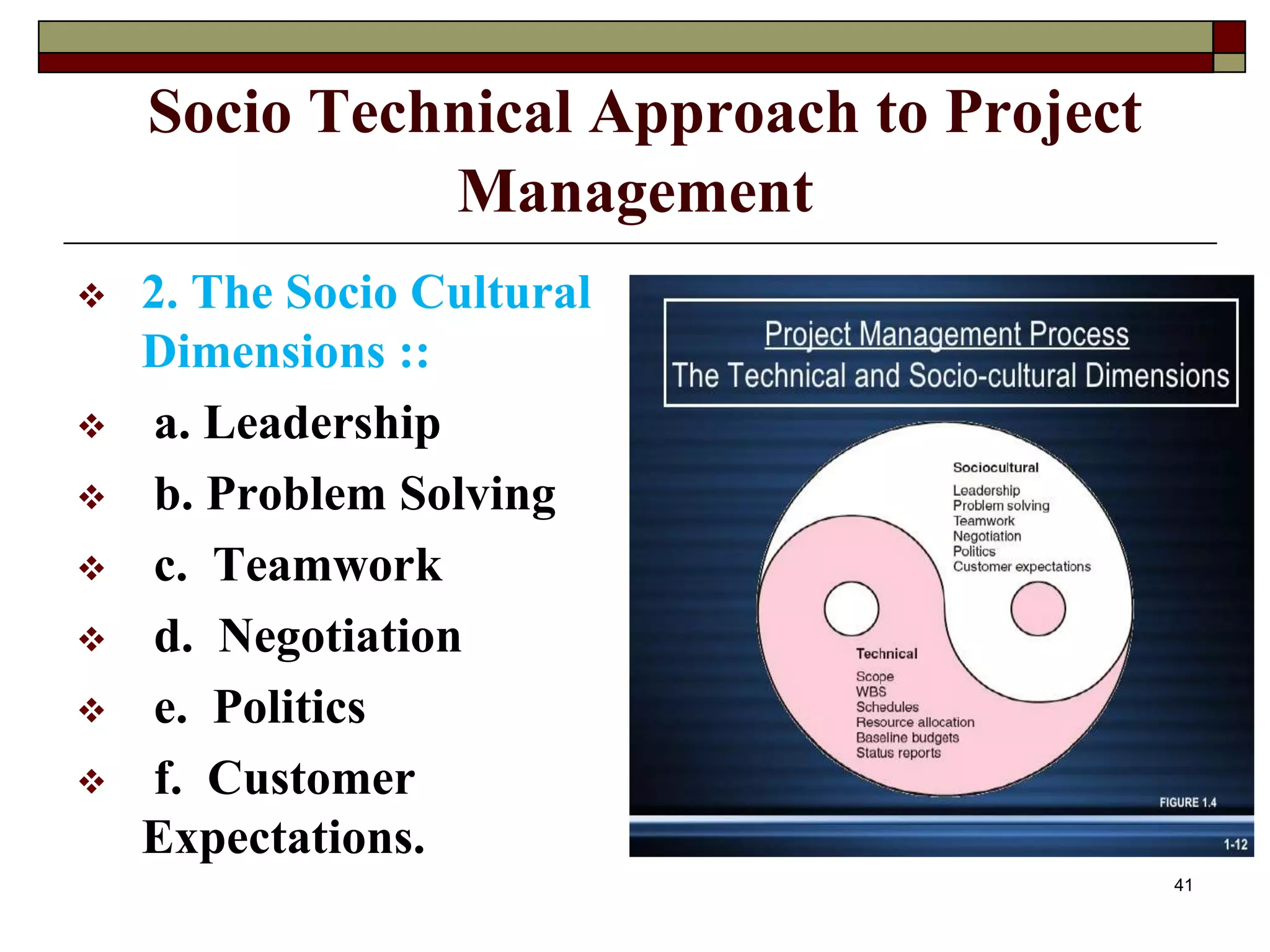 Socio Technical Approach to Project
Management
 2. The Socio Cultural
Dimensions ::
 a. Leadership
 b. Problem Solving
 c. Teamwork
 d. Negotiation
 e. Politics
 f. Customer
Expectations.
41
 