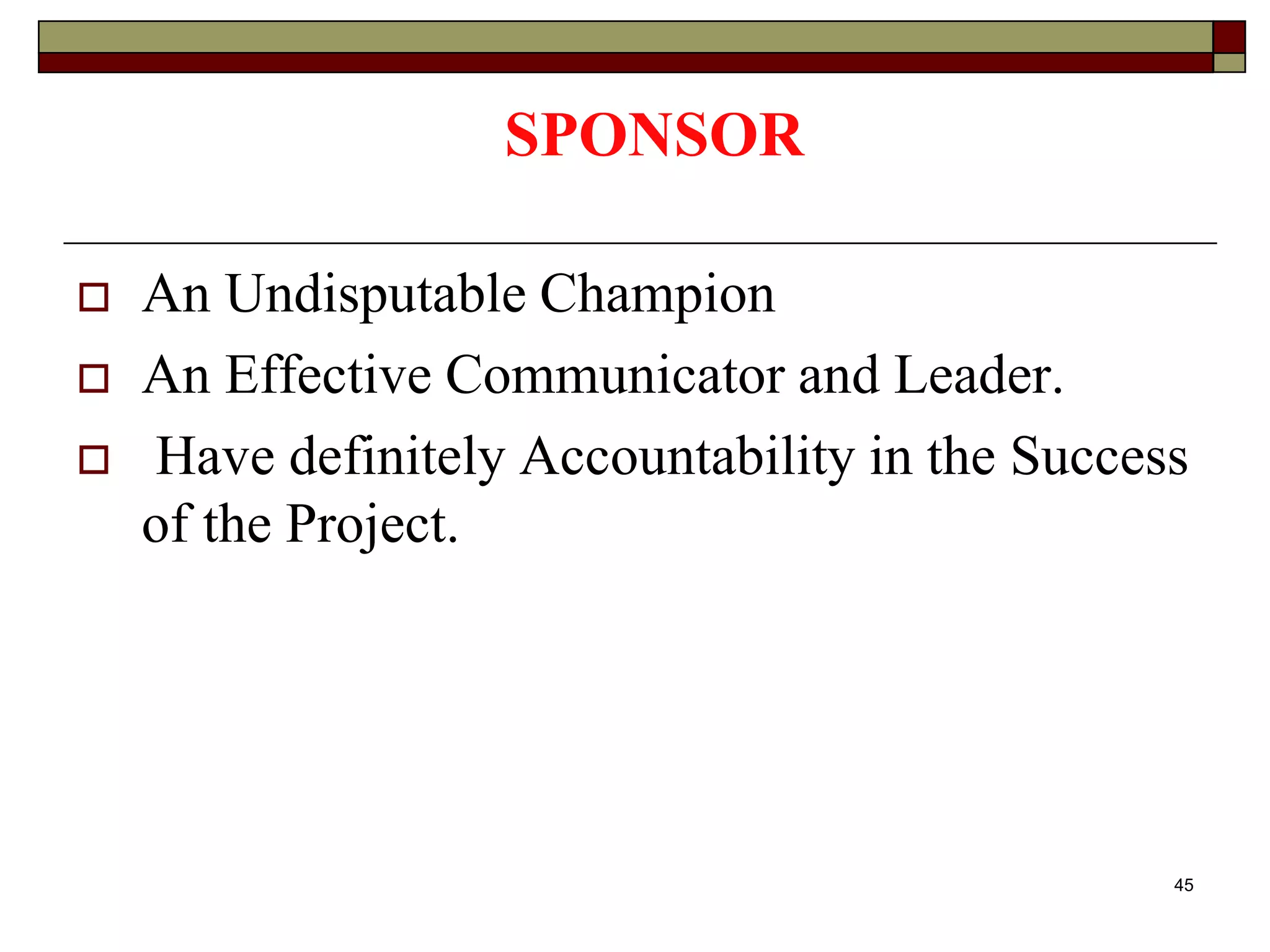 SPONSOR
 An Undisputable Champion
 An Effective Communicator and Leader.
 Have definitely Accountability in the Success
of the Project.
45
 