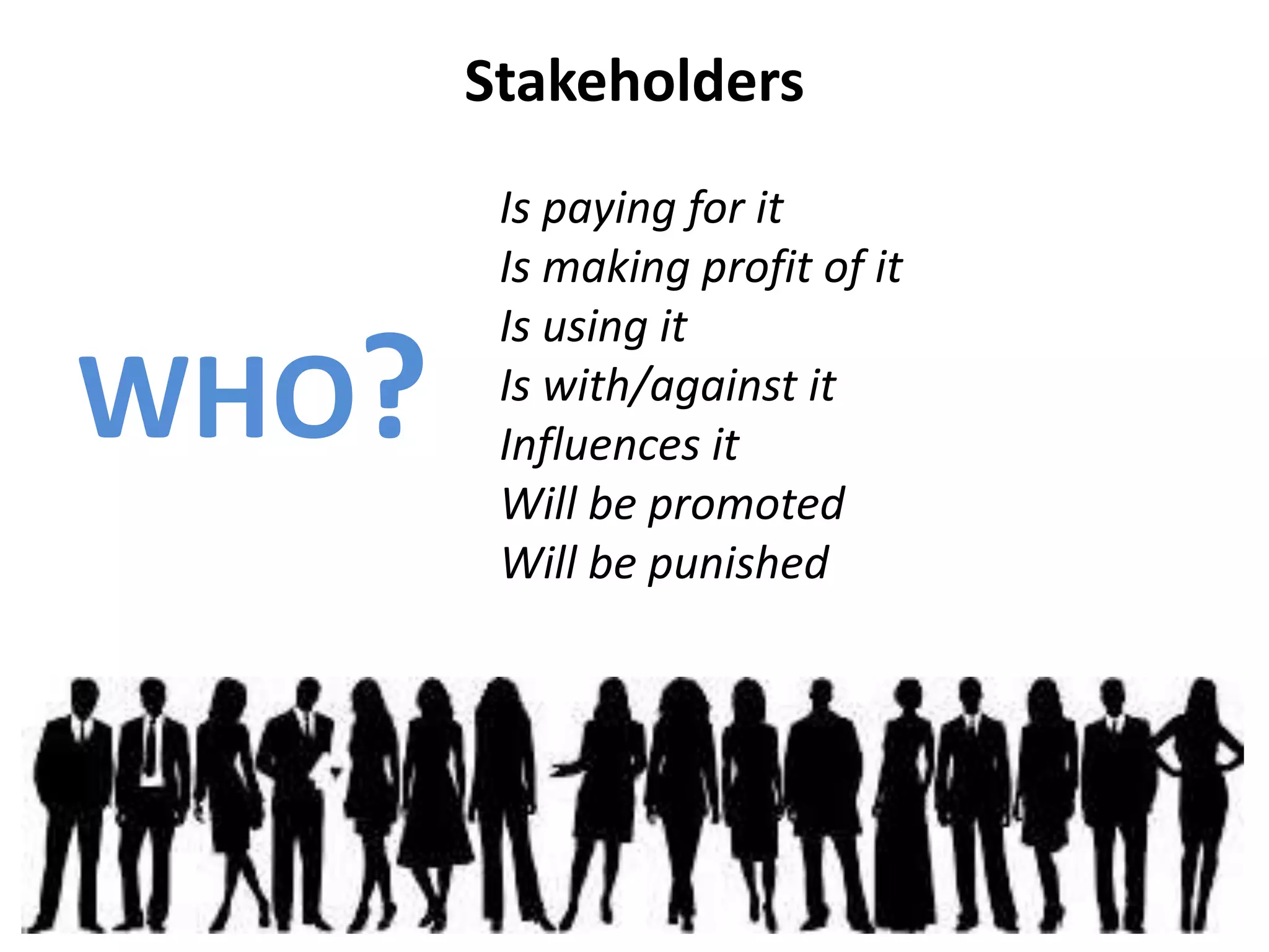 Stakeholders
WHO?
Is paying for it
Is making profit of it
Is using it
Is with/against it
Influences it
Will be promoted
Will be punished
 