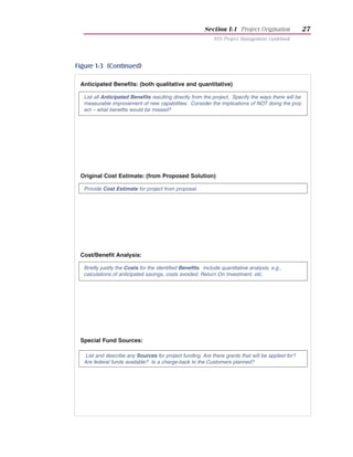 Section I:1 Project Origination          27
                                                             NYS Project Management Guidebook




Figure 1-3 (Continued)

 Anticipated Benefits: (both qualitative and quantitative)

  List all Anticipated Benefits resulting directly from the project. Specify the ways there will be
  measurable improvement of new capabilities. Consider the implications of NOT doing the proj-
  ect – what benefits would be missed?




 Original Cost Estimate: (from Proposed Solution)

  Provide Cost Estimate for project from proposal.




 Cost/Benefit Analysis:

  Briefly justify the Costs for the identified Benefits. Include quantitative analysis, e.g.,
  calculations of anticipated savings, costs avoided, Return On Investment, etc.




 Special Fund Sources:

  List and describe any Sources for project funding. Are there grants that will be applied for?
  Are federal funds available? Is a charge-back to the Customers planned?
 