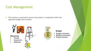 Cost Management
 This process is required to ensure the project is completed within the
approved budget and includes:
Resources
 People
 Equipment
 Materials
Budget
 Budget estimates
 Baseline estimates
 Project Actuals
 