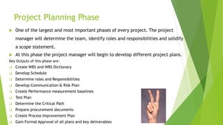 Project Planning Phase
 One of the largest and most important phases of every project. The project
manager will determine the team, identify roles and responsibilities and solidify
a scope statement.
 At this phase the project manager will begin to develop different project plans.
Key Outputs of this phase are:
 Create WBS and WBS Dictionary
 Develop Schedule
 Determine roles and Responsibilities
 Develop Communication & Risk Plan
 Create Performance measurement baselines
 Test Plan
 Determine the Critical Path
 Prepare procurement documents
 Create Process Improvement Plan
 Gain Formal Approval of all plans and key deliverables
 