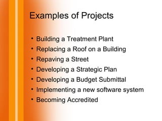 Examples of Projects

Building a Treatment Plant

Replacing a Roof on a Building

Repaving a Street

Developing a Strategic Plan

Developing a Budget Submittal

Implementing a new software system

Becoming Accredited
 