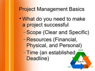 Project Management Basics

What do you need to make
a project successful
− Scope (Clear and Specific)
− Resources (Financial,
Physical, and Personal)
− Time (an established
Deadline)
 