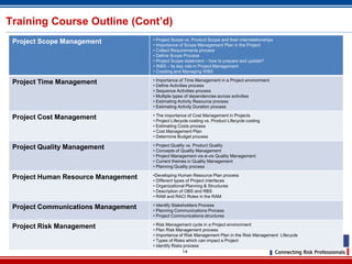Training Course Outline (Cont’d)
                                     • Project Scope vs. Product Scope and their interrelationships
 Project Scope Management            • Importance of Scope Management Plan in the Project
                                     • Collect Requirements process
                                     • Define Scope Process
                                     • Project Scope statement – how to prepare and update?
                                     • WBS – its key role in Project Management
                                     • Creating and Managing WBS

                                     • Importance of Time Management in a Project environment
 Project Time Management             • Define Activities process
                                     • Sequence Activities process
                                     • Multiple types of dependencies across activities
                                     • Estimating Activity Resource process
                                     • Estimating Activity Duration process

                                     • The importance of Cost Management in Projects
 Project Cost Management             • Project Lifecycle costing vs. Product Lifecycle costing
                                     • Estimating Costs process
                                     • Cost Management Plan
                                     • Determine Budget process
                                     • Project Quality vs. Product Quality
 Project Quality Management          • Concepts of Quality Management
                                     • Project Management vis-à-vis Quality Management
                                     • Current themes in Quality Management
                                     • Planning Quality process

                                     •Developing Human Resource Plan process
 Project Human Resource Management   • Different types of Project interfaces
                                     • Organizational Planning & Structures
                                     • Description of OBS and RBS
                                     • RAM and RACI Roles in the RAM

                                     • Identify Stakeholders Process
 Project Communications Management   • Planning Communications Process
                                     • Project Communications structures

                                     • Risk Management cycle in a Project environment
 Project Risk Management             • Plan Risk Management process
                                     • Importance of Risk Management Plan in the Risk Management Lifecycle
                                     • Types of Risks which can impact a Project
                                     • Identify Risks process
                                                    14
 