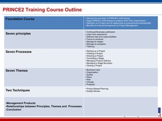 PRINCE2 Training Course Outline
                                                            • Discuss the principles of PRINCE2 methodology
 Foundation Course                                          • Apply PRINCE2 methodology to projects within their organizations
                                                            • Definition of a Project and its relationship to products/outcomes/benefits
                                                            • Benefits of a structured approach to Project Management


                                                            • Continued Business justification
 Seven principles                                           • Learn from experience
                                                            • Defined roles and responsibilities
                                                            • Focus on products
                                                            • Manage by stages
                                                            • Manage by exception
                                                            • Tailoring

                                                            • Starting up a Project
 Seven Processes                                            • Initiating a Project
                                                            • Directing a Project
                                                            • Controlling a Stage
                                                            • Managing Product Delivery
                                                            • Managing a Stage Boundary
                                                            • Closing a Project

                                                            • Business Case
 Seven Themes                                               • Organisation
                                                            • Quality
                                                            • Plans
                                                            • Risk
                                                            • Change
                                                            • Progress

                                                            • Product Based Planning
 Two Techniques                                             • Quality Review




 -Management Products
 -Relationships between Principles, Themes and Processes
 -Conclusion

                                                           19
 