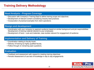 Training Delivery Methodology

Need Analysis - Program Coverage
  • Discussion with Company’s Training Dept to define training scope and objectives
  • Development of relevant content considering industry best practices
  • Incorporation of practical examples from client operations


Design and development
  • Coordination with your company to segment audience based on similar background and job responsibilities
    Development of training material relevant to your employees
  • Development of hand – outs and materials, case studies relevant for engagement of audience


Implementation and Delivery of Training
  • Coordination relating to faculty travel.
  • Delivery of training by highly qualified faculty.
  • Follow through on remaining open questions.


Evaluation
  • Feedback and assessment with respect to meeting training objectives
  • Periodic Assessment of use test of knowledge in day to day engagements




                                                        22
 