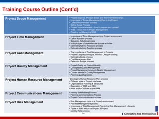 14
Training Course Outline (Cont’d)
Project Scope Management • Project Scope vs. Product Scope and their interrelationships
• Importance of Scope Management Plan in the Project
• Collect Requirements process
• Define Scope Process
• Project Scope statement – how to prepare and update?
• WBS – its key role in Project Management
• Creating and Managing WBS
Project Time Management • Importance of Time Management in a Project environment
• Define Activities process
• Sequence Activities process
• Multiple types of dependencies across activities
• Estimating Activity Resource process
• Estimating Activity Duration process
Project Cost Management • The importance of Cost Management in Projects
• Project Lifecycle costing vs. Product Lifecycle costing
• Estimating Costs process
• Cost Management Plan
• Determine Budget process
Project Quality Management • Project Quality vs. Product Quality
• Concepts of Quality Management
• Project Management vis-à-vis Quality Management
• Current themes in Quality Management
• Planning Quality process
Project Human Resource Management •Developing Human Resource Plan process
• Different types of Project interfaces
• Organizational Planning & Structures
• Description of OBS and RBS
• RAM and RACI Roles in the RAM
Project Communications Management • Identify Stakeholders Process
• Planning Communications Process
• Project Communications structures
Project Risk Management • Risk Management cycle in a Project environment
• Plan Risk Management process
• Importance of Risk Management Plan in the Risk Management Lifecycle
• Types of Risks which can impact a Project
• Identify Risks process
 