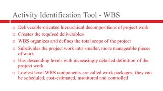 Activity Identification Tool - WBSDeliverable-oriented hierarchical decompositions of project work Creates the required deliverablesWBS organizes and defines the total scope of the projectSubdivides the project work into smaller, more manageable pieces of workHas descending levels with increasingly detailed definition of the project workLowest level WBS components are called work packages; they can be scheduled, cost-estimated, monitored and controlled	 