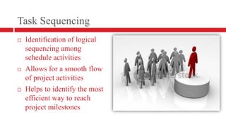 Task SequencingIdentification of logical sequencing among schedule activitiesAllows for a smooth flow of project activitiesHelps to identify the most efficient way to reach project milestones